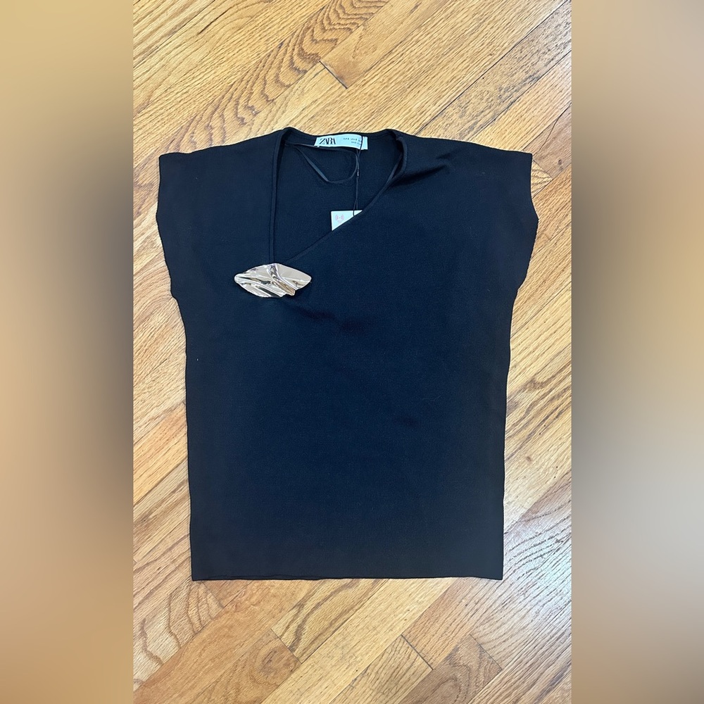 Zara Black Sleeveless Top with gold Pendant Asymmetrical XS